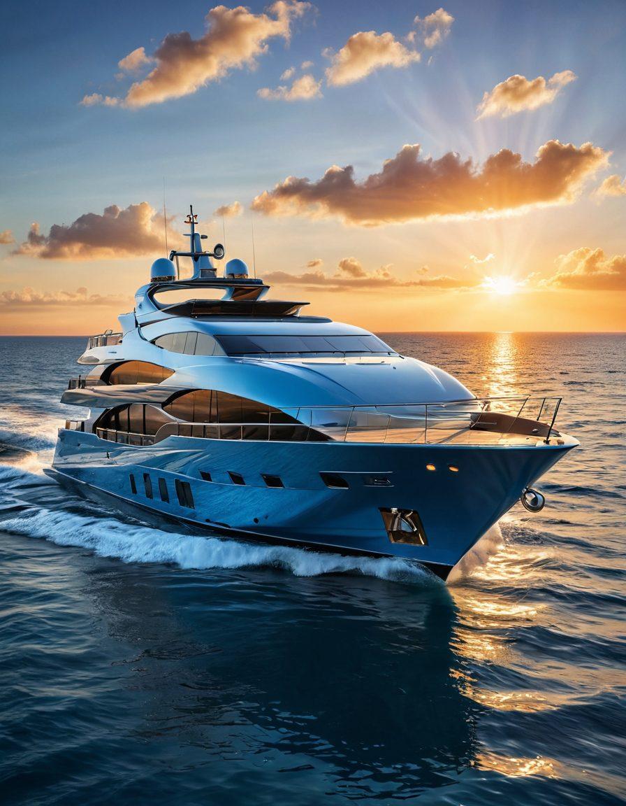 A luxurious yacht on a serene blue ocean, showcasing its sleek design and gleaming hull, while insurance symbols like shields and paper documents float gently in the background. Include a sunrise to symbolize new opportunities and a compass to represent navigation in coverage. The scene conveys a sense of protection and value as waves gently lap against the yacht. vibrant colors. super-realistic.