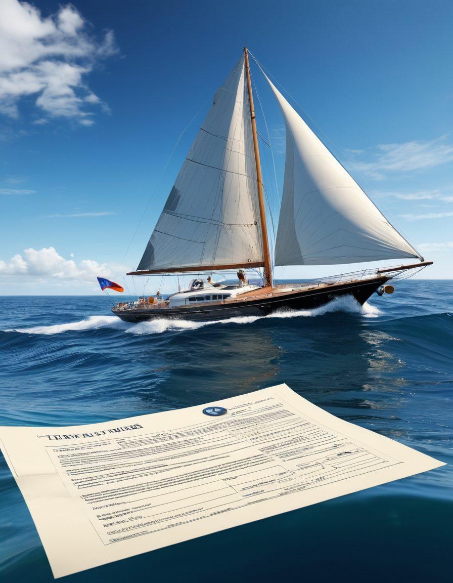 A majestic yacht sailing through rolling ocean waves under a clear blue sky, with a compass and insurance documents floating beside it. Include symbolic elements like a shield for protection and a checklist for coverage. Capture the essence of assurance and adventure in a nautical setting. vibrant colors. super-realistic.