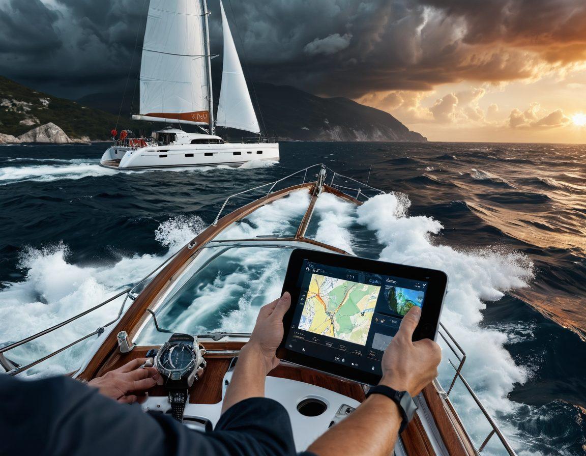 A luxurious yacht navigating through turbulent waters, with a crew member checking a weather app for storm updates. In the foreground, include visual elements like safety gear, fire extinguishers, and a map with navigation routes. The background features a dramatic coastline, hinting at potential theft risks. Convey a sense of vigilance and preparedness amidst the beauty of the sea. vibrant colors. super-realistic. cinematic lighting.